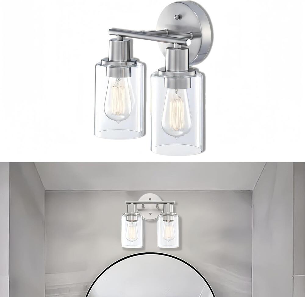 Brushed Nickel 2-Light Bathroom Vanity Light Clear Glass Shades Over Mirror
